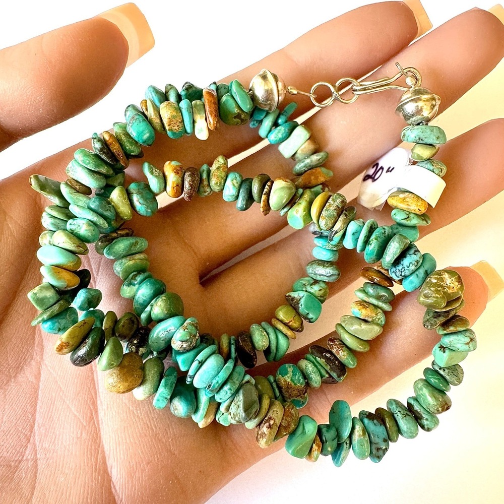 VTG Turquoise Necklace Navajo 20in Bench Bead Natural Nugget Sterling 90s Native